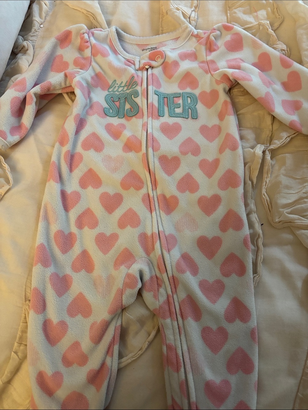 Simple Joys by Carter's White Fleece Footie with Pink Heart Print Little Sister